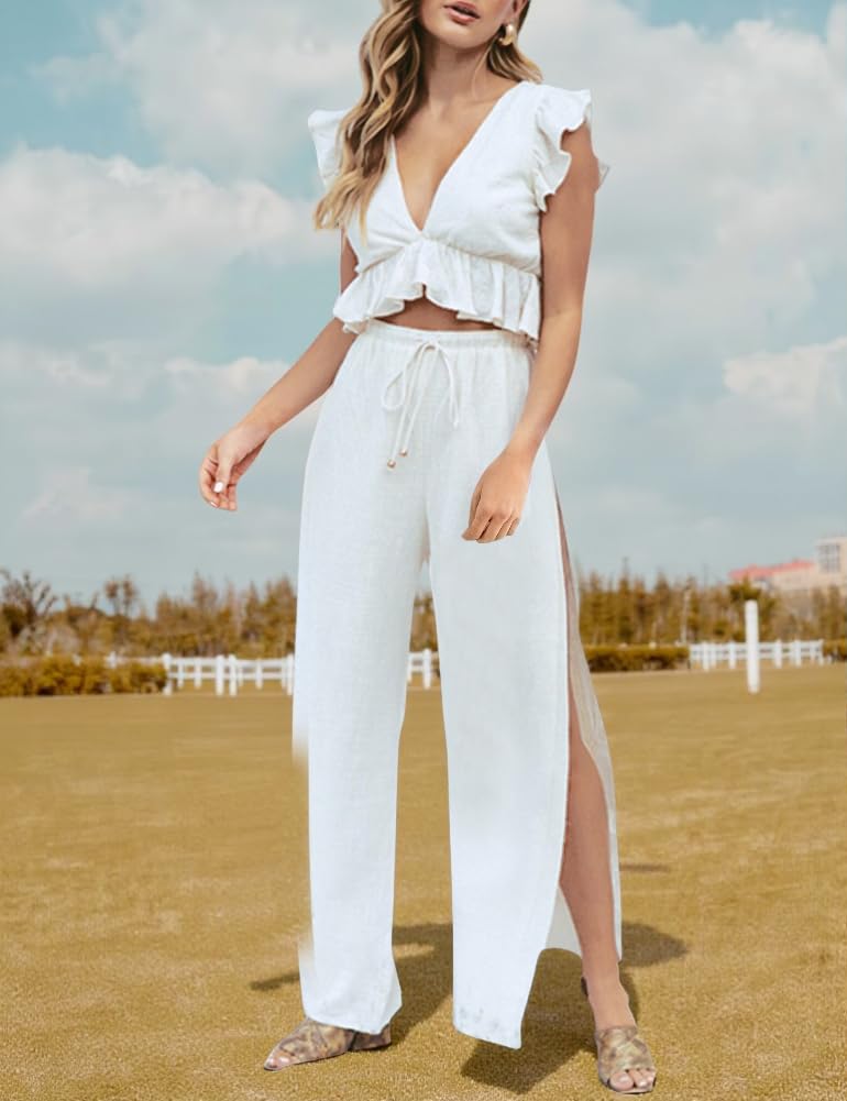 FANCYINN Womens White Two Pieces Outfits Deep V Neck Crop Top Side Slit Drawstring Wide Leg Pants Set Jumpsuits XS - Image 2